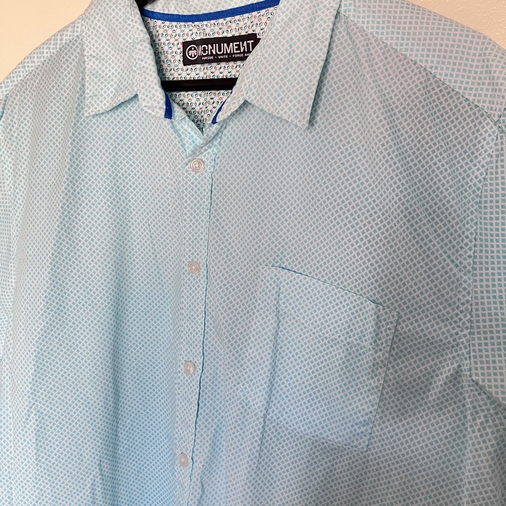 Monument Men's Light Blue Patterned Short Sleeve Button‎ Down Shirt Size XL